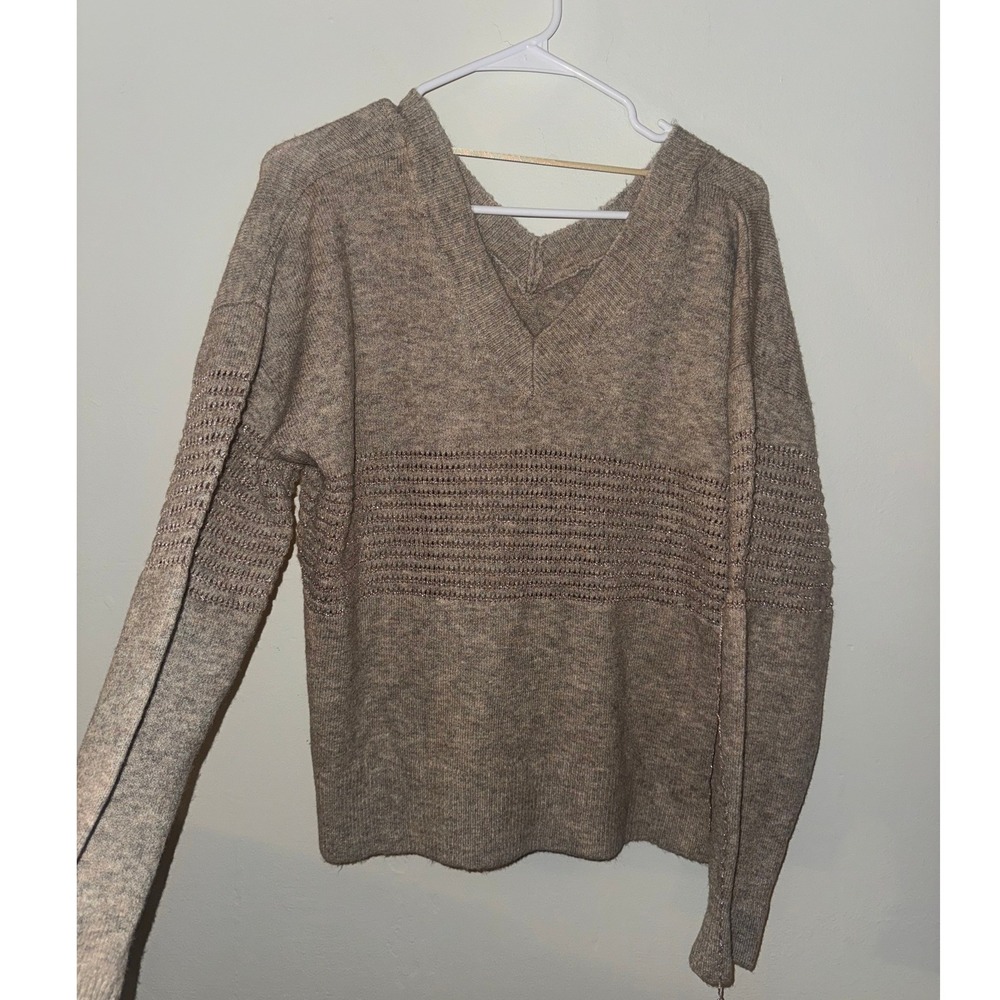 Democracy Womens V-Neck Sweater Oatmeal Heather Rose Gold Metallic Stripe L NEW